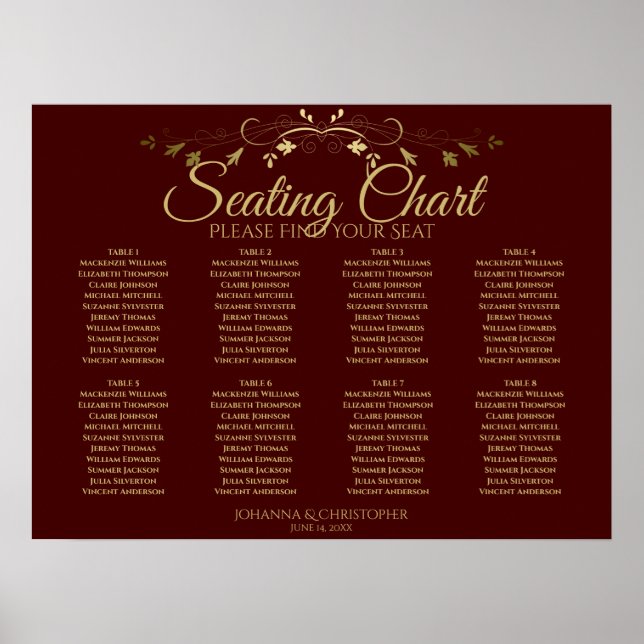 Gold & Burgundy 8 Table Wedding Seating Chart (Front)