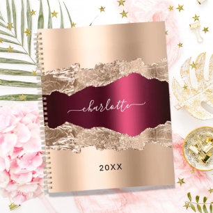 Gold burgundy agate marble name script notebook