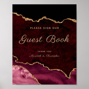 Gold Burgundy Agate Sign Guestbook Wedding Poster
