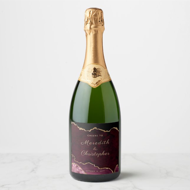 Gold Burgundy Agate Wedding Sparkling Wine Label (Front)