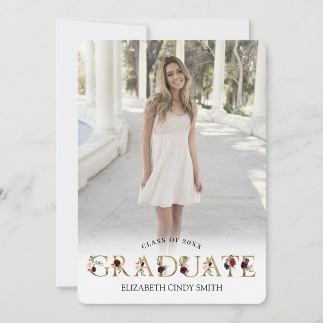 Gold Burgundy Blush Floral Letter Graduation Photo Invitation (Front)