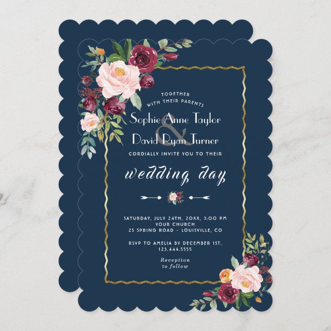 Gold Burgundy Blush Floral Navy Blue Wedding Invitation (Front/Back)