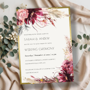 Gold Burgundy Blush Pampas Grass Wedding Invitation