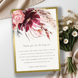 Gold Burgundy Blush Pampas Grass Wedding Thank You Card