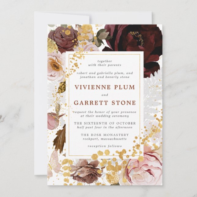 Gold Burgundy Blush Pink Floral Wedding Invitation (Front)