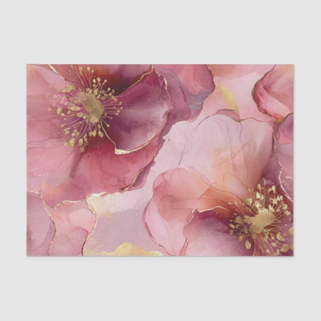 Gold Burgundy Blush Pink Flowers Bridal Shower Tissue Paper (Front)