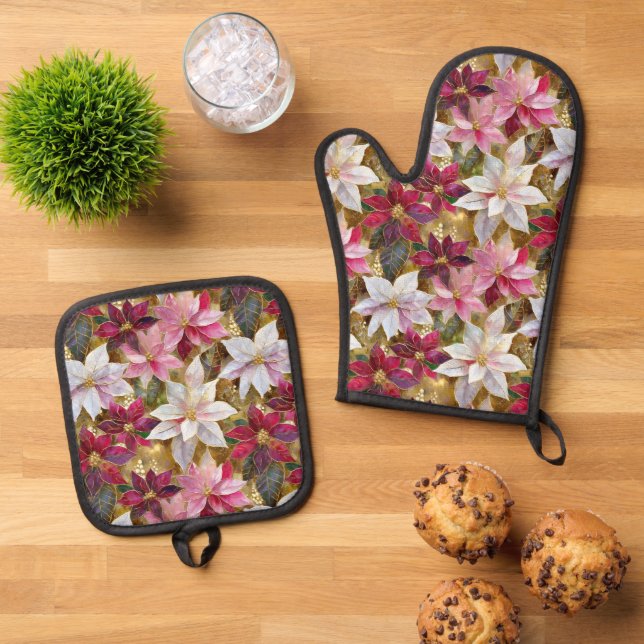 Gold Burgundy Bronze Pink Red White Poinsettia Oven Mitt & Pot Holder Set (Top Down)