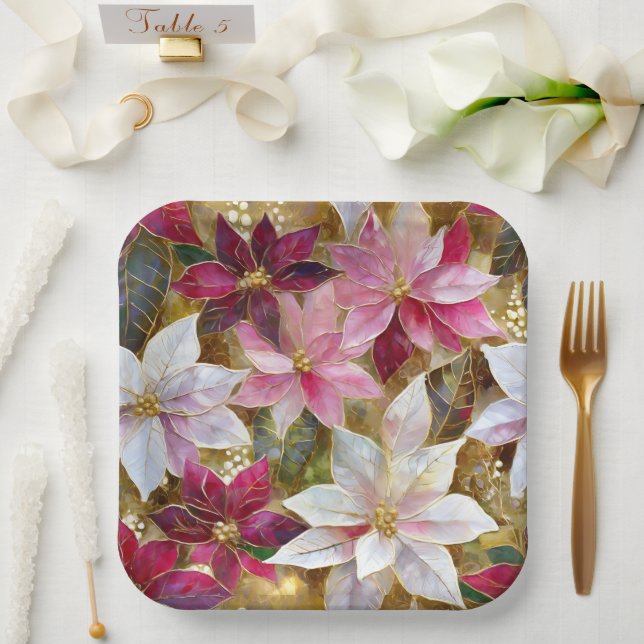 Gold Burgundy Bronze Pink Red White Poinsettia Paper Plate (Wedding)