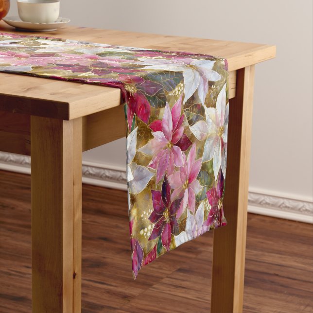 Gold Burgundy Bronze Pink Red White Poinsettia Short Table Runner (In Situ)