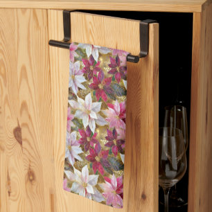 Gold Burgundy Bronze Pink Red White Poinsettia Tea Towel
