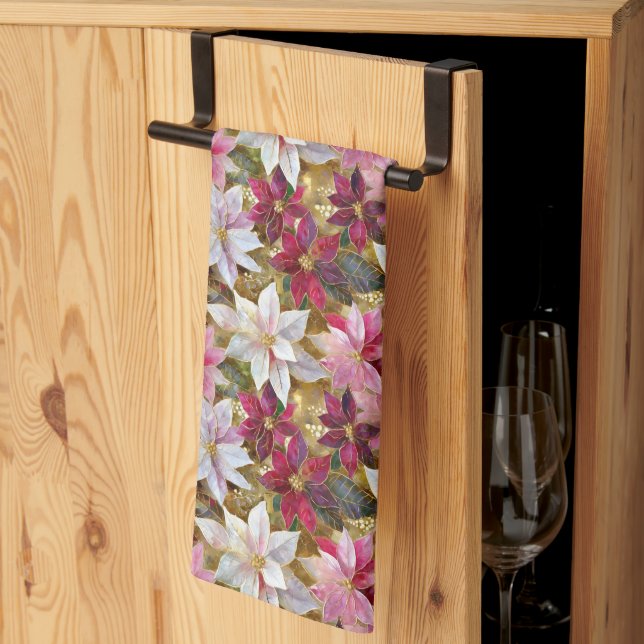 Gold Burgundy Bronze Pink Red White Poinsettia Tea Towel (Thirds Fold)