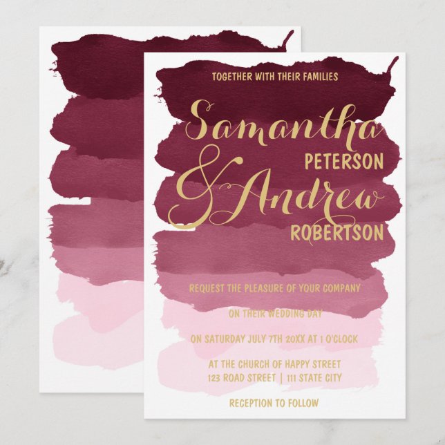 Gold burgundy brushstrok  watercolor ombre Wedding Invitation (Front/Back)