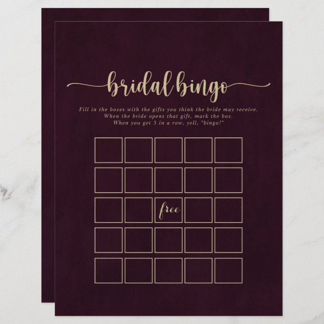 Gold Burgundy Calligraphy Bridal Bingo Game (Front/Back)