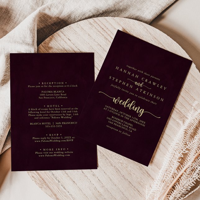 Gold Burgundy Calligraphy Front & Back Wedding   Invitation (Creator Uploaded)