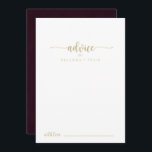 Gold Burgundy Calligraphy Wedding Advice Card<br><div class="desc">This gold burgundy calligraphy wedding advice card is perfect for a rustic wedding. The simple and elegant design features a gold classic and fancy script typography in a maroon and white background. These cards are perfect for a wedding, bridal shower, baby shower, graduation party & more. Personalise the cards with...</div>