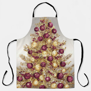 Gold Burgundy Christmas Tree Holiday Apron