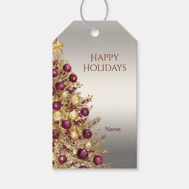 Gold Burgundy Christmas Tree Holiday Gift Tag (Front)