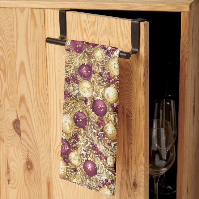 Gold Burgundy Christmas Tree Holiday Kitchen Towel (Thirds Fold)