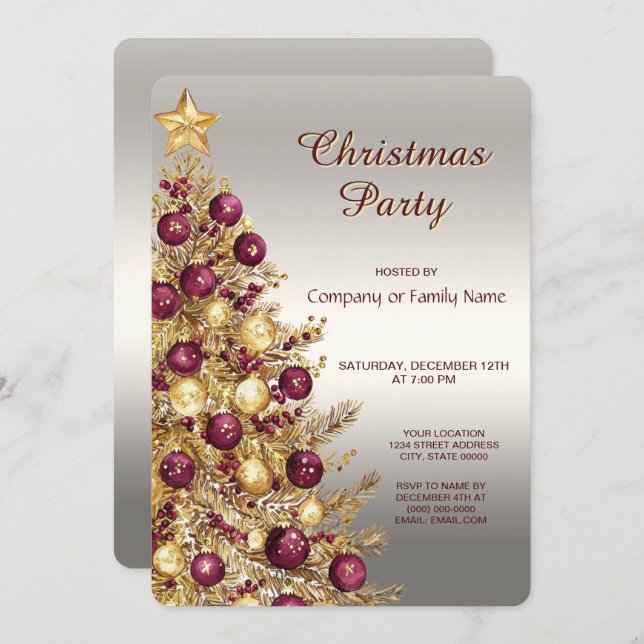 Gold Burgundy Christmas Tree Holiday Party Invitation (Front/Back)