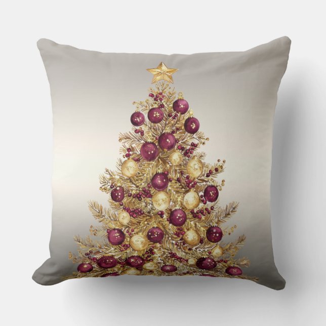 Gold Burgundy Christmas Tree Holiday Throw Pillow (Front)