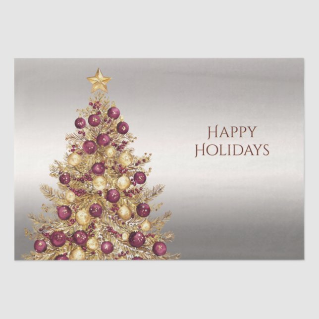 Gold Burgundy Christmas Tree Holiday Tissue Paper (Front)