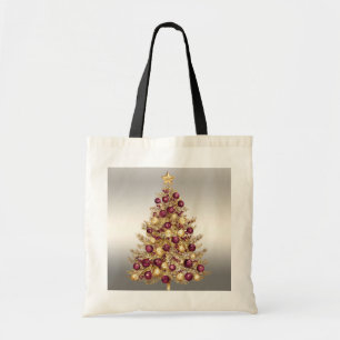 Gold Burgundy Christmas Tree Holiday Tote Bag