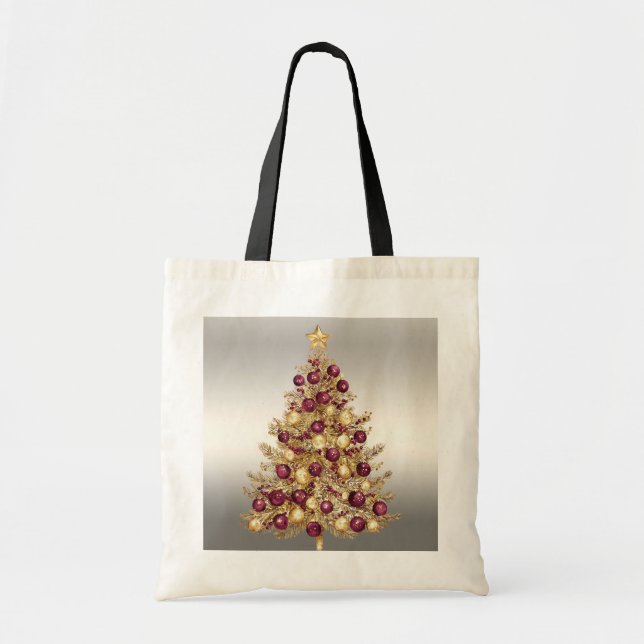 Gold Burgundy Christmas Tree Holiday Tote Bag (Front)