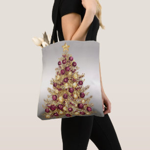 Gold Burgundy Christmas Tree Holiday Tote Bag
