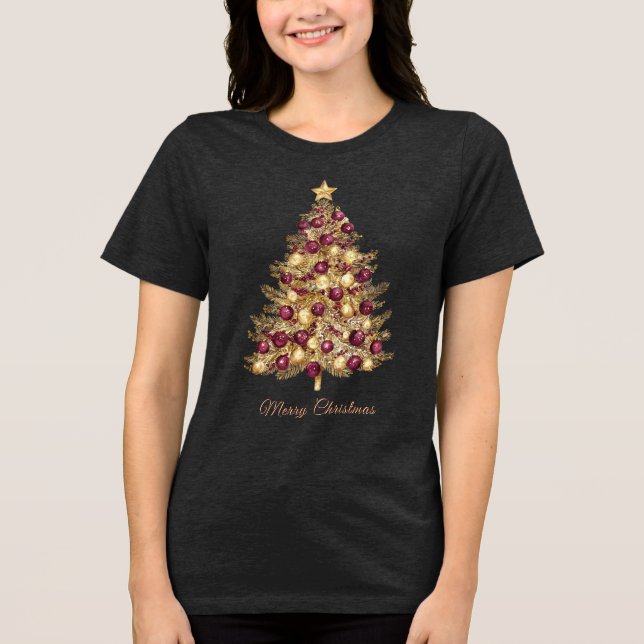 Gold Burgundy Christmas Tree Women's T-Shirt Tri-Blend Shirt (Front)
