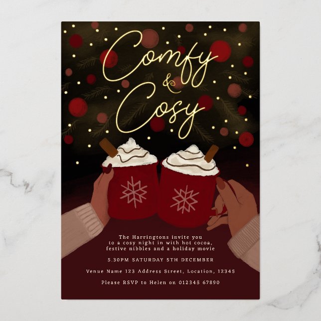 Gold Burgundy Cosy Hot Cocoa Holiday invitation  (Front)