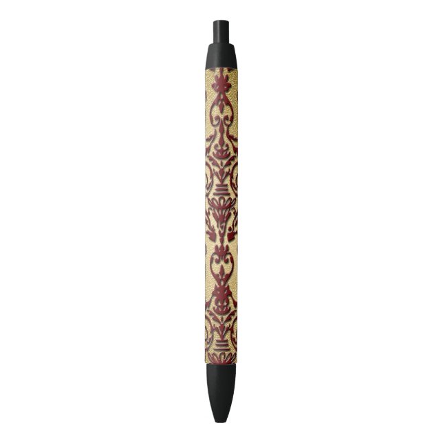 Gold Burgundy Damask Black Ink Pen (Front Vertical)