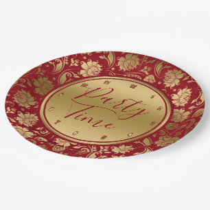 Gold & Burgundy damask, party time typography Paper Plate