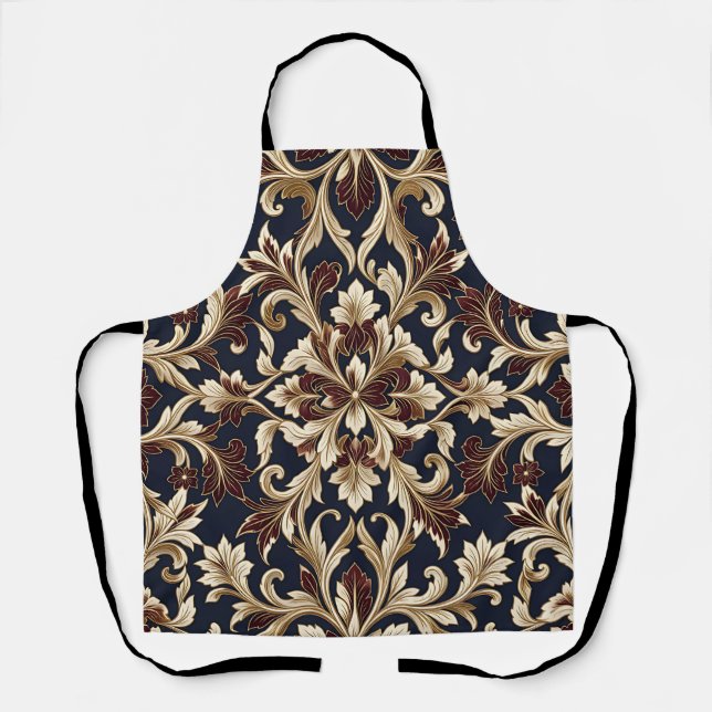 Gold Burgundy Damask Pattern Ornate Baroque Apron (Front)