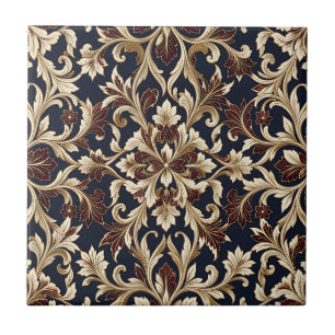 Gold Burgundy Damask Pattern Ornate Baroque Tile
