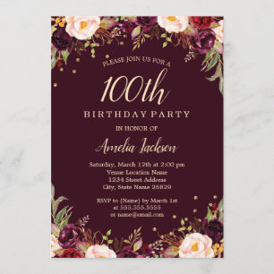 Gold Burgundy Elegant Floral 100th Birthday Party Invitation