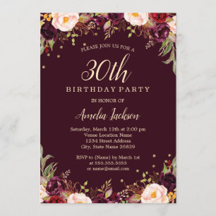 Gold Burgundy Elegant Floral 30th Birthday Party Invitation