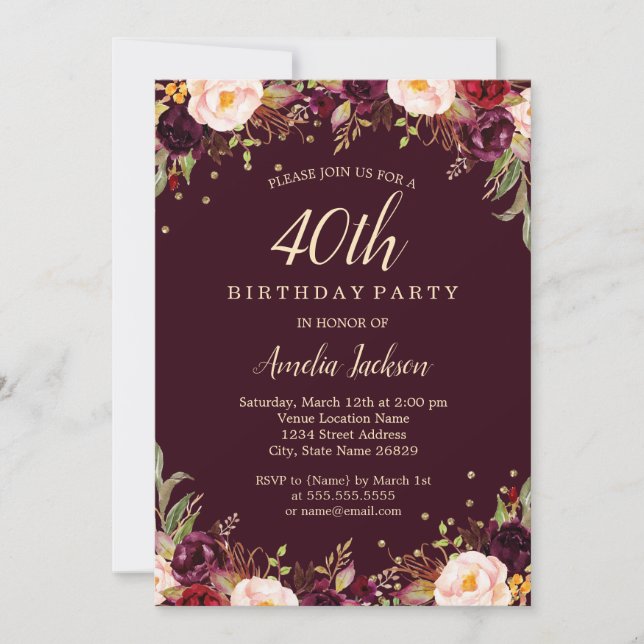 Gold Burgundy Elegant Floral 40th Birthday Party Invitation (Front)