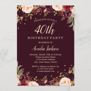Gold Burgundy Elegant Floral 40th Birthday Party Invitation