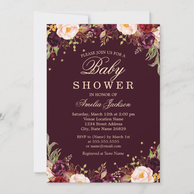 Gold Burgundy Elegant Floral Baby Shower Invitation (Front)
