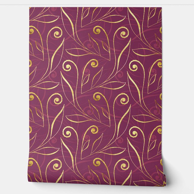    Gold & Burgundy Elegant Foliage & Swirls Classy Wallpaper (Unrolling)
