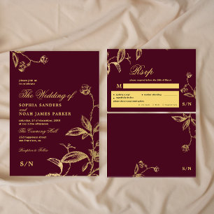 Gold burgundy elegant monogram meal choice wedding RSVP card