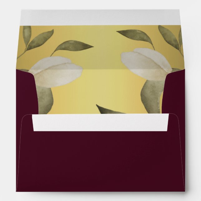 Gold burgundy elegant watercolor foliage wedding envelope (Back (Bottom))