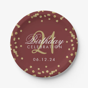 Gold Burgundy Faux Glitter Confetti 21st Birthday Paper Plate