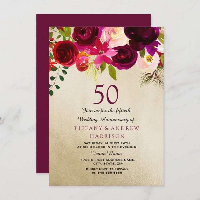 Gold & Burgundy Floral 50th Wedding Anniversary Invitation (Front/Back)