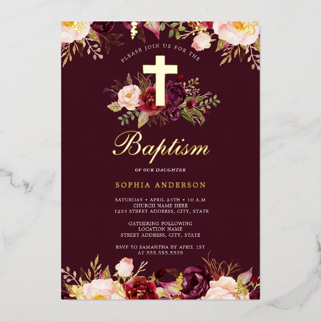 Gold Burgundy Floral Baptism  (Front)