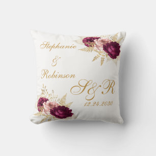 Gold Burgundy Floral Custom Monogram Wedding Gift Cushion