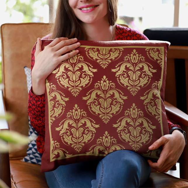 Gold & Burgundy Floral Damasks Geometric Pattern Cushion (Creator Uploaded)