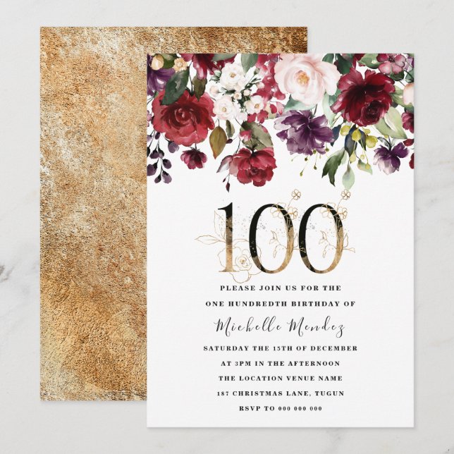 Gold Burgundy Floral Elegant 100th Birthday Party Invitation (Front/Back)