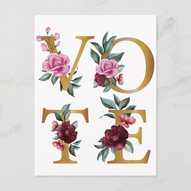Gold Burgundy Floral Elegant Feminine Go Vote Postcard (Front)