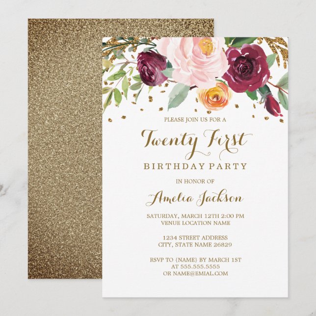 Gold Burgundy Floral Glitter 21st Birthday Party Invitation (Front/Back)